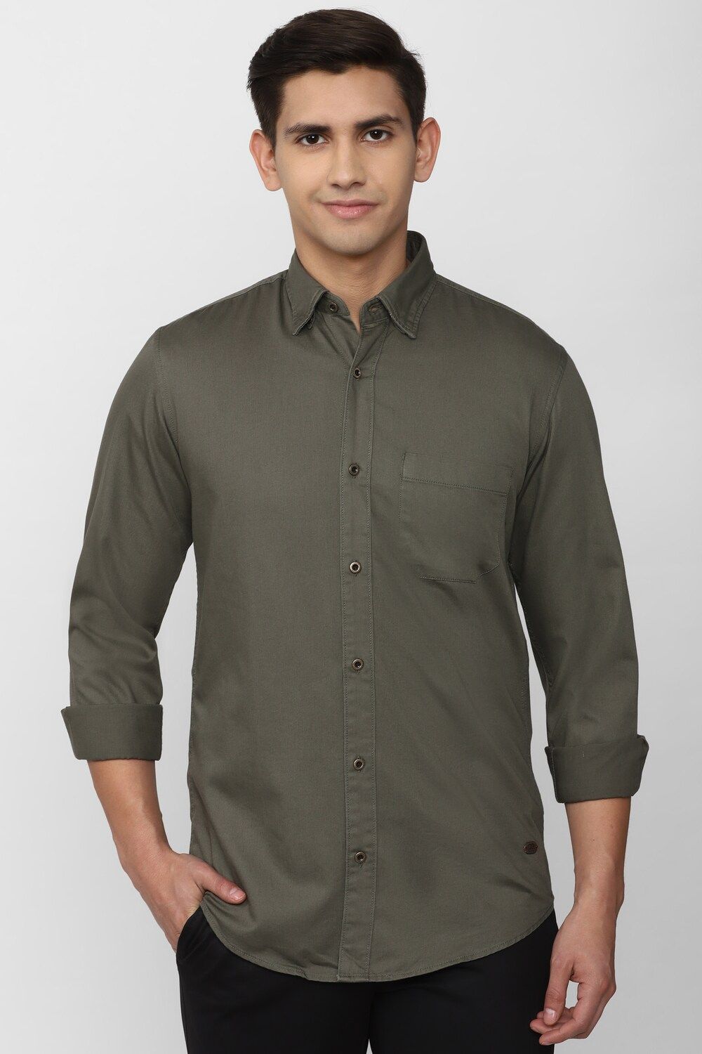 Men Olive Slim Fit Solid Full Sleeves Casual Shirt