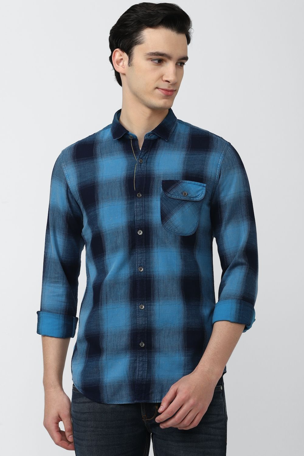 Men Blue Slim Fit Check Full Sleeves Casual Shirt
