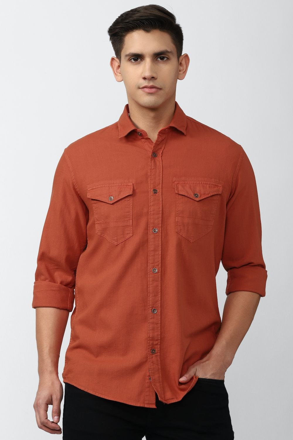 Men Orange Slim Fit Solid Full Sleeves Casual Shirt
