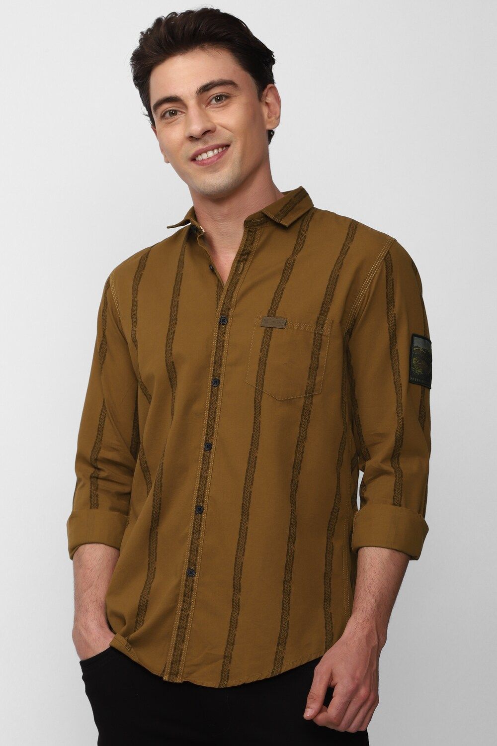 Men Brown Slim Fit Stripe Full Sleeves Casual Shirt