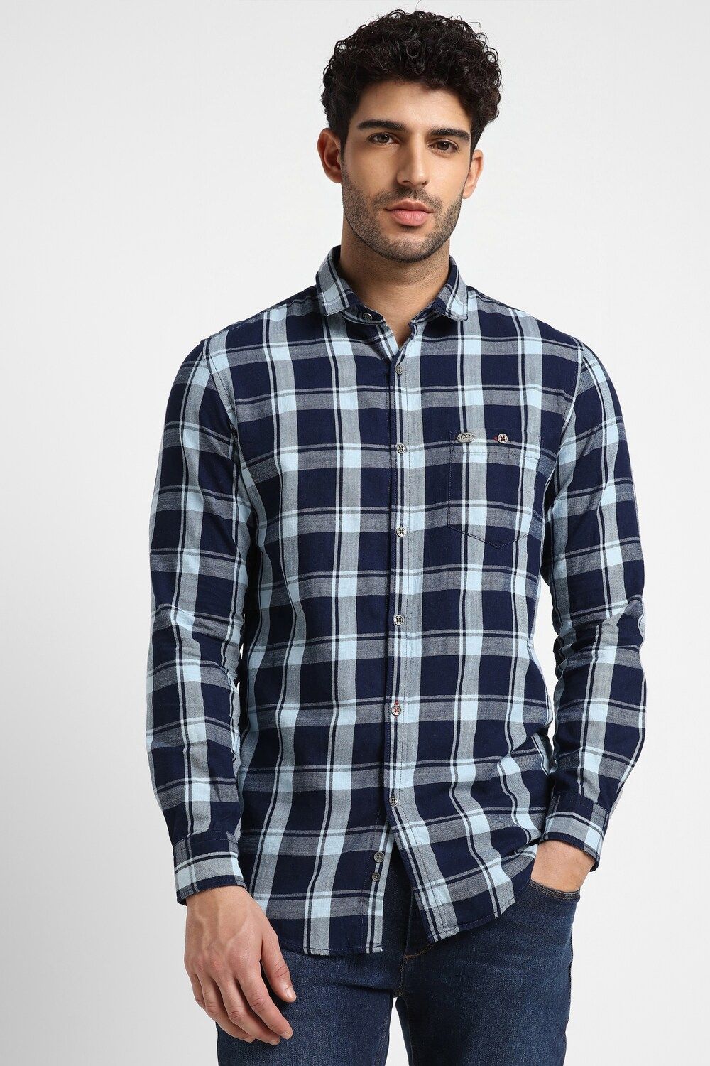Men Navy Slim Fit Check Full Sleeves Casual Shirt