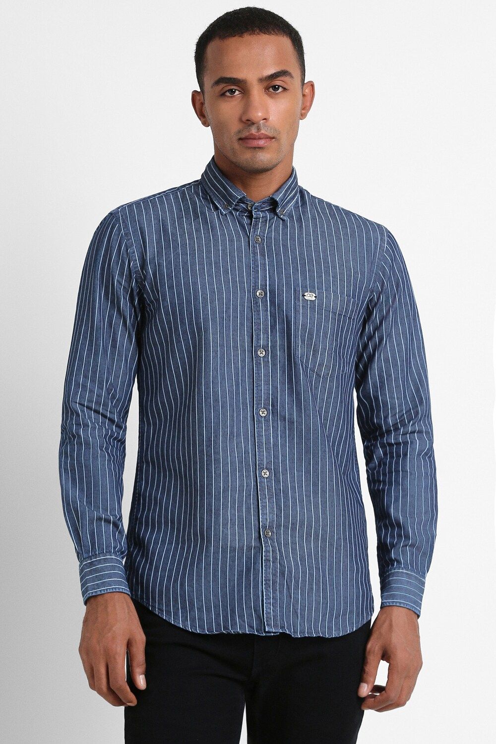 Men Blue Slim Fit Stripe Full Sleeves Casual Shirt