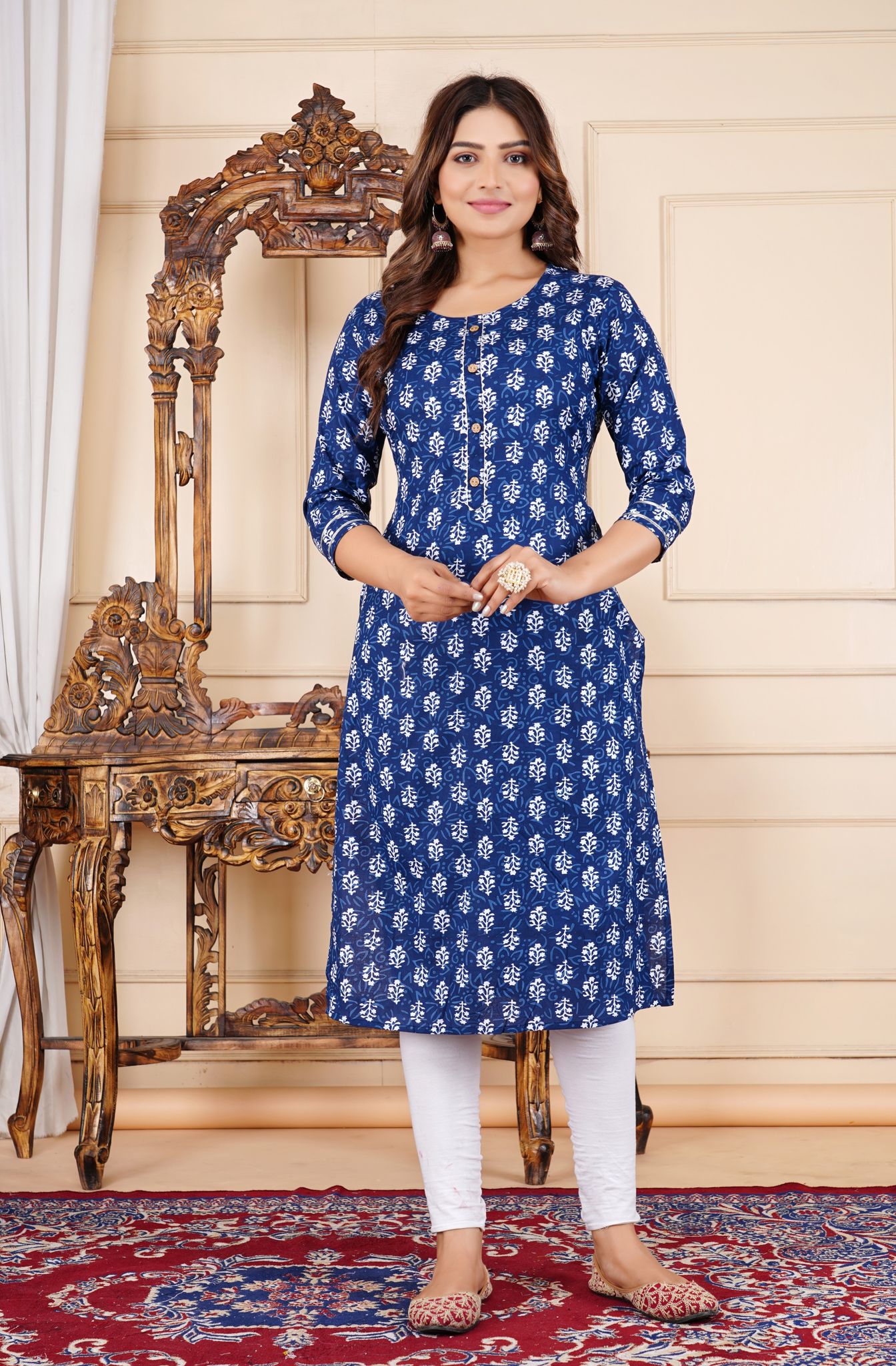 Womanica Women's Cotton Blue Straight Kurti with One Side Pocket