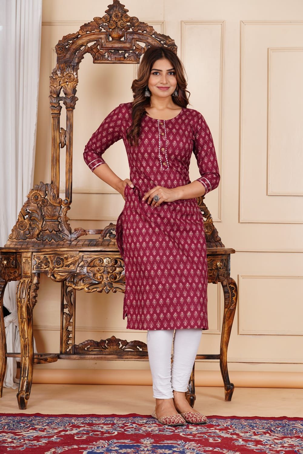 Womanica Women Cotton Maroon Printed Straight Kurti with One Side Pocket