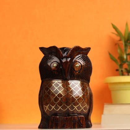 Handmade Wooden Taarkasi Owl Round Statue 16 cm