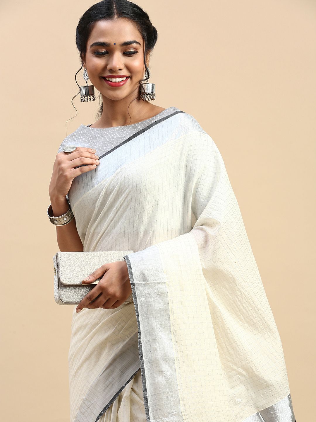 Kerala Saree Cream Silver & Black Colour Jari Border KS86