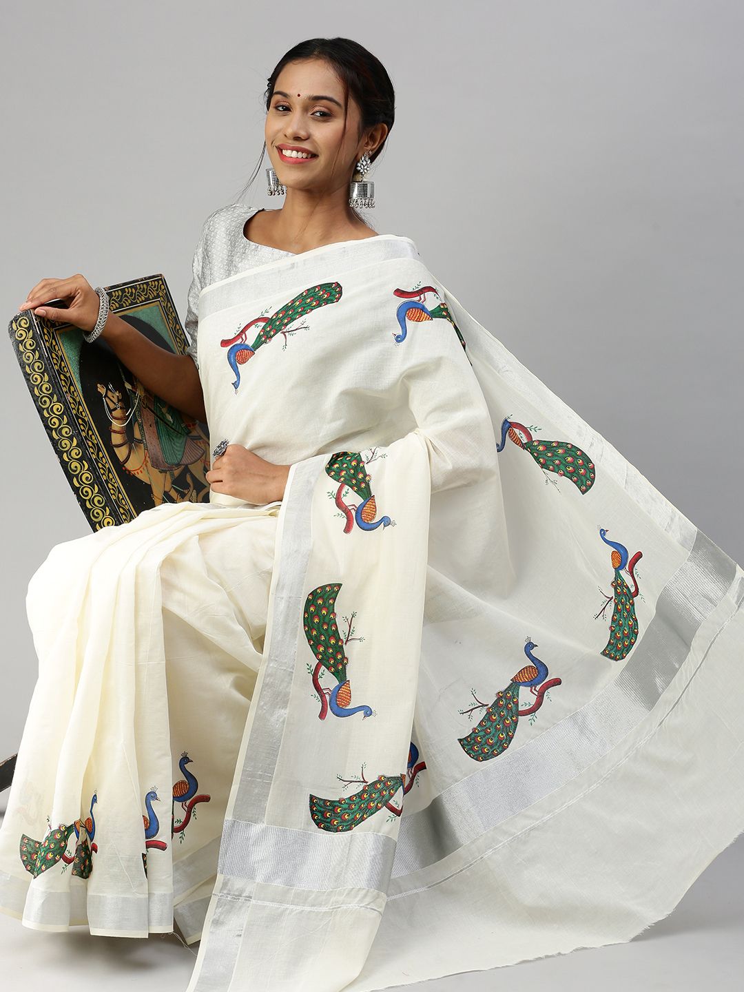 Womens Kerala Off White Peacock Design Printed Silver Jari Saree OKS05