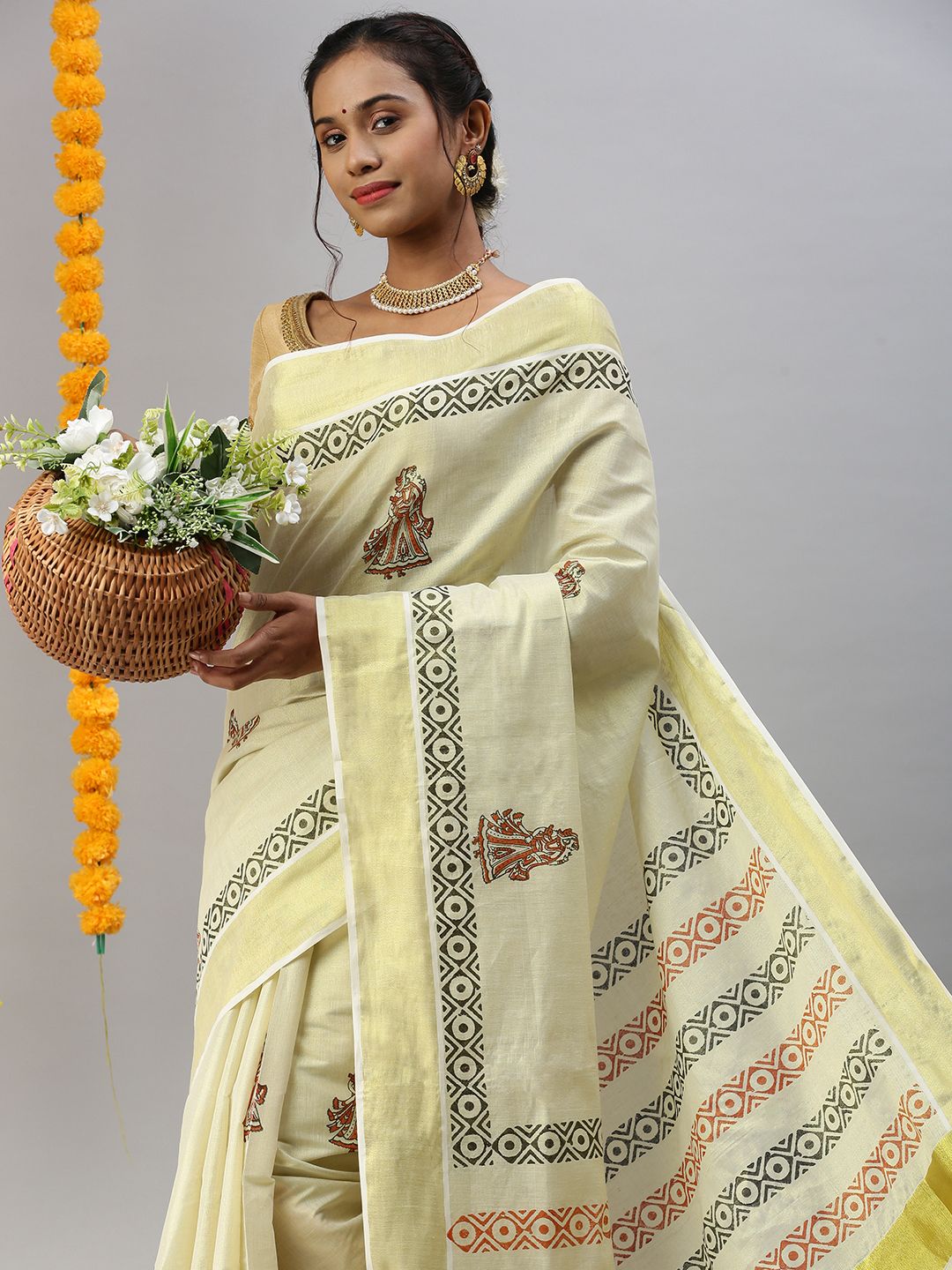 Womens Kerala Tissue Printed Gold Jari Border Saree OKS27