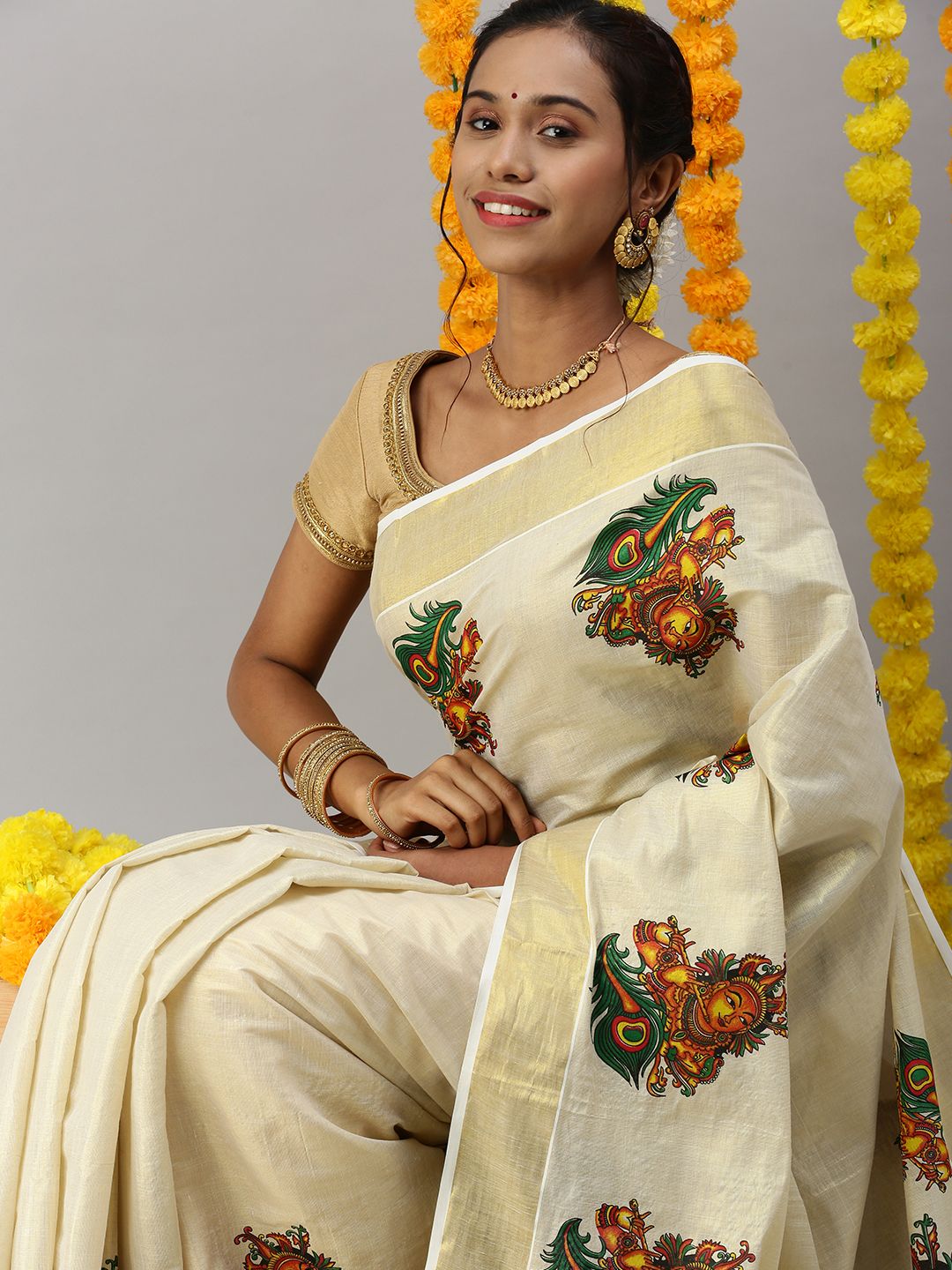 Womens Kerala Tissue Krishna with Flute Printed Gold Jari Border Saree OKS37