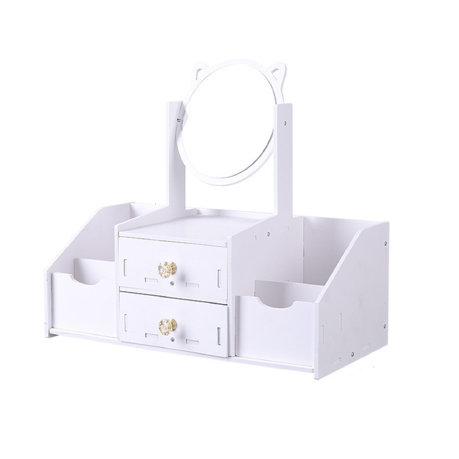 KTRS Enterprise Wooden Desktop Storage Box DIY Detachable Assembly Cosmetic Mirror Household Double Drawer Compartment Cosmetic Storage Mirror
