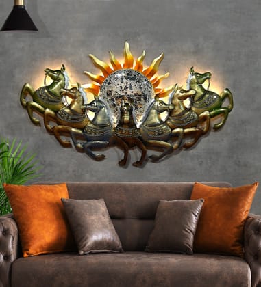 Indraj Premium craft Metal Decorative Seven Horses With Sun Wall Showpiece With LED light for Living Room Wall Art | Horse Sculpture | Lighted Metal 7 Horses Wall Decor | Vastu Wall Decor ( 46 x 26 Inch) Indraj Premium craft Metal Decorative Seven Horses With Sun Wall Showpiece With LED light for Living Room Wall Art | Horse Sculpture | Lighted Metal 7 Horses Wall Decor | Vastu Wall Decor ( 46 x 26 Inch)