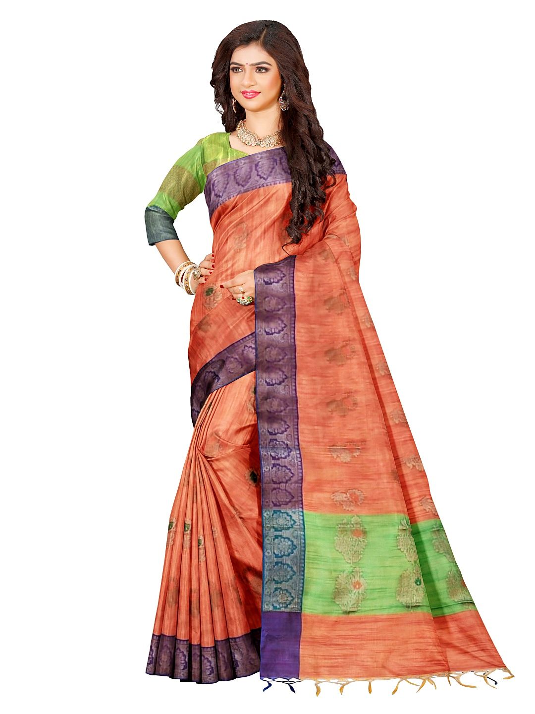 Women's Peach And Green Silk Blend Saree With Blouse Piece