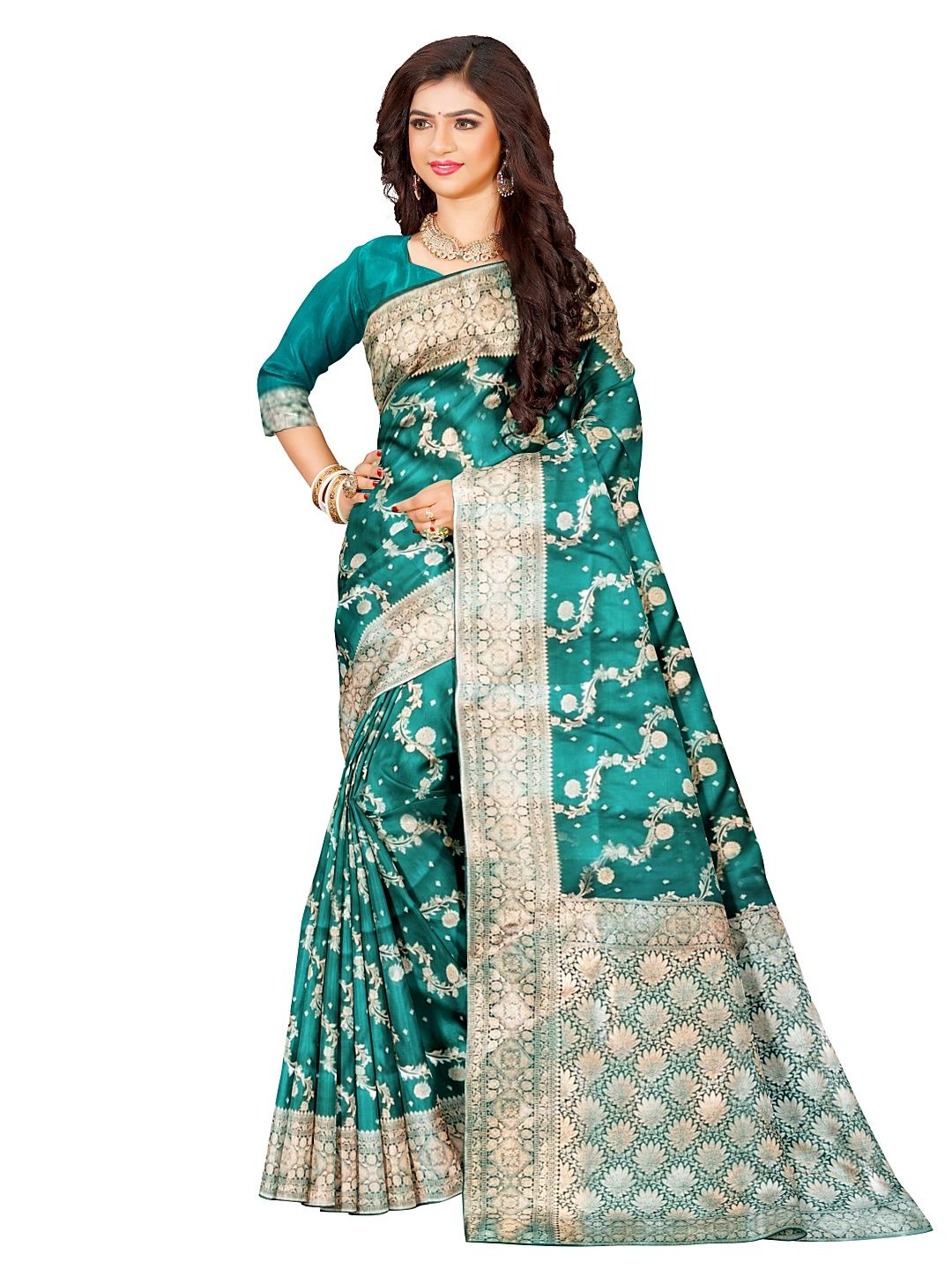 Green Banarasi Silk Saree With Blouse