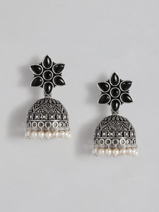 Black Flower Pearl Jhumka Earrings Black Flower Pearl Jhumka Earrings
