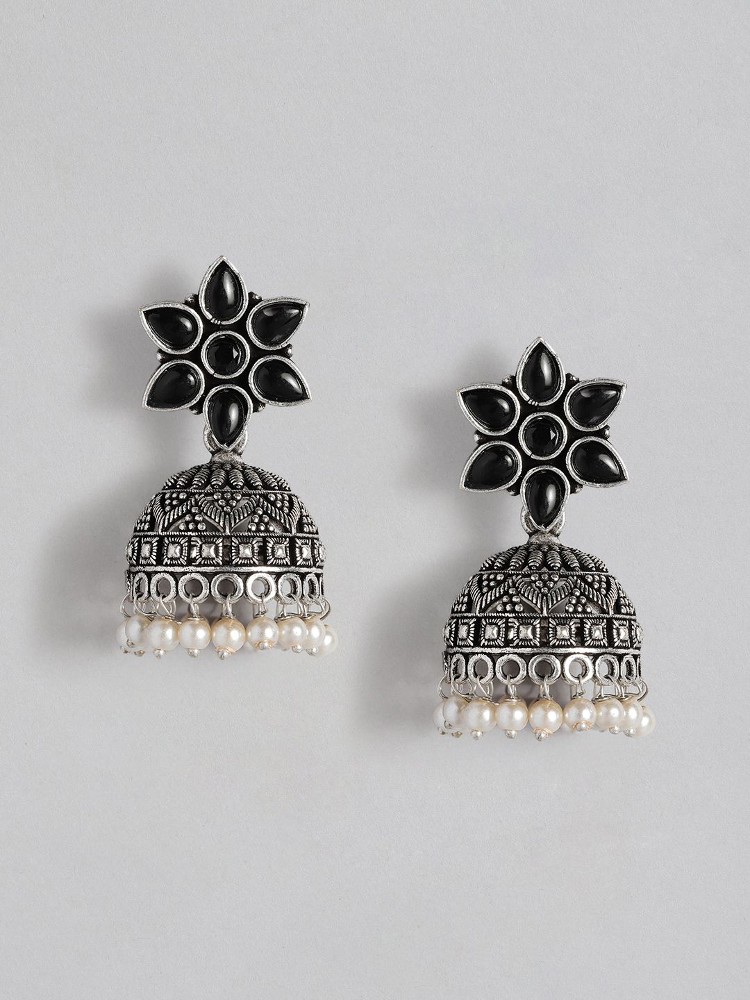 Black Flower Pearl Jhumka Earrings