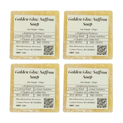 Savorsoul Golden Glow Saffron Handcrafted Bathing Soap – Pack of 4 (100g each,400g Total) Premium Saffron, Soothing sandalwood, and Nourishing Goat Milk
