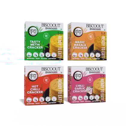 Vrunda Palm Oil Free Roasted Bhakhari |Methi, Masala, Hot Chilli & Chilli Garlic |Snacks |Pack of 4 (200Gm each) Vrunda Palm Oil Free Roasted Bhakhari |Methi, Masala, Hot Chilli & Chilli Garlic |Snacks |Pack of 4 (200Gm each)