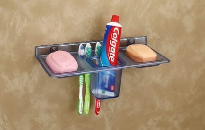 HAPPI Unbreakable ABS Plastic 4 in 1 Soap Dish Holder Glass Tumbler and Tooth Brush Holders, Soap Stand, Soap Case, Soap Holder Stand&nbsp;Wall Mounted for Bathroom&nbsp;(Blue)