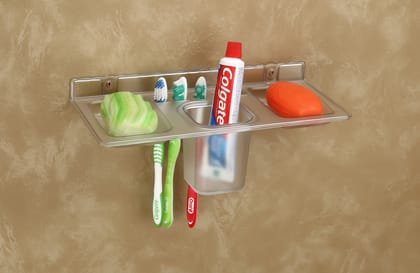 HAPPI Unbreakable ABS Plastic 4 in 1 Soap Dish Holder Glass Tumbler and Tooth Brush Holders, Soap Stand, Soap Case, Soap Holder Stand&nbsp;Wall Mounted for Bathroom&nbsp;(Clear)