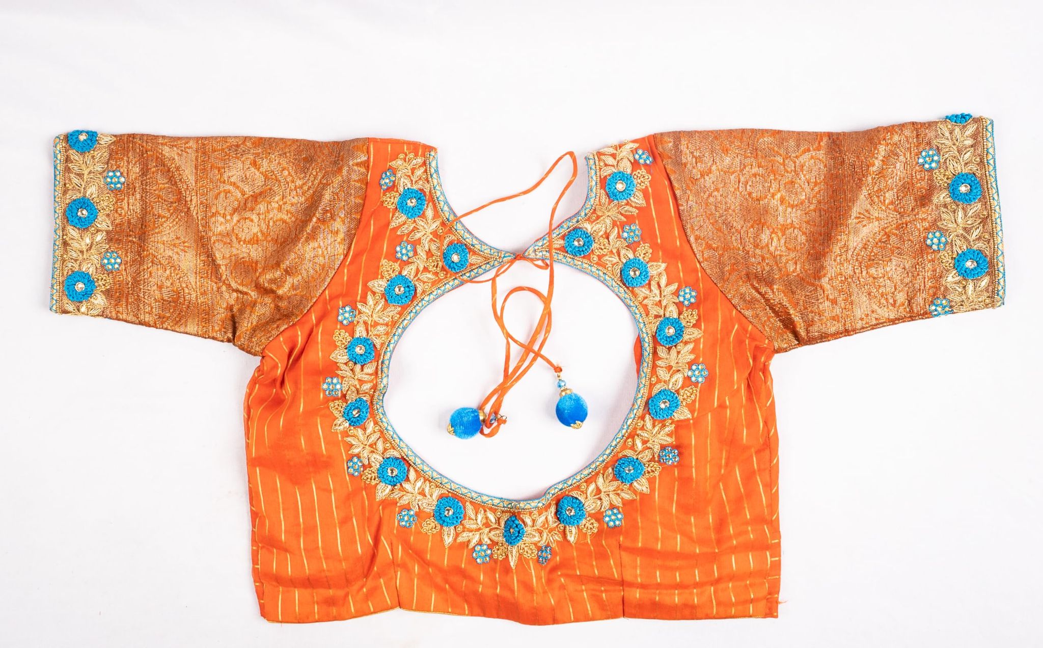 Orange and gold embroidered boat neck blouse