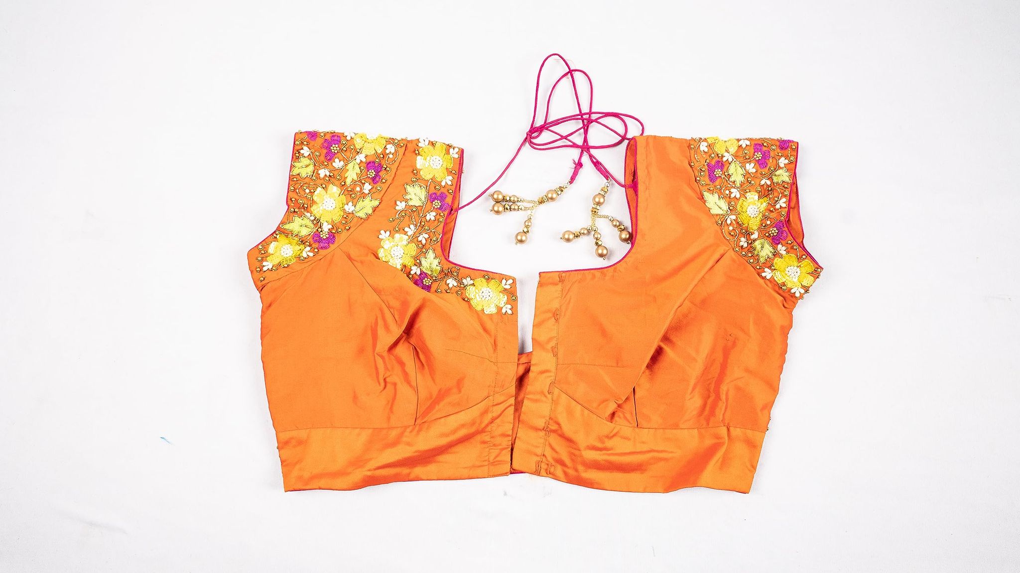 Orange Hand Embroidered Blouse with Floral Motifs