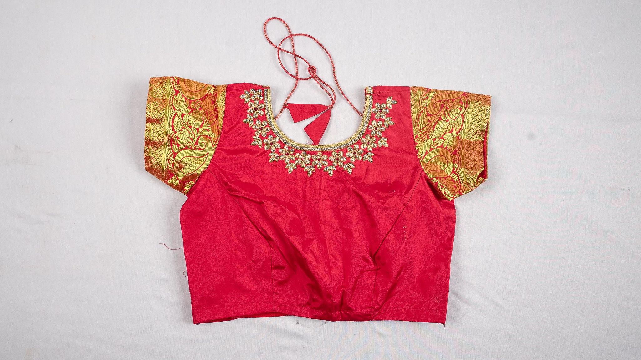 Red and gold embroidered silk crop top