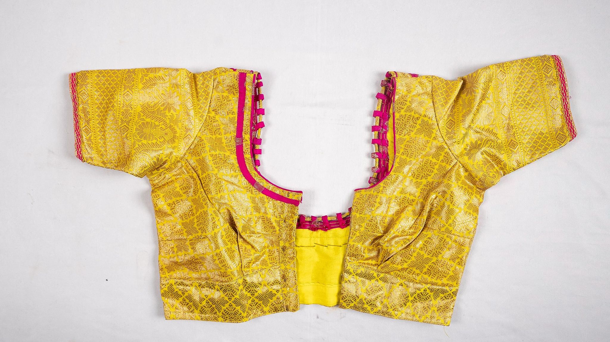 Yellow and Pink Brocade Silk Saree Blouse with Elbow Sleeves