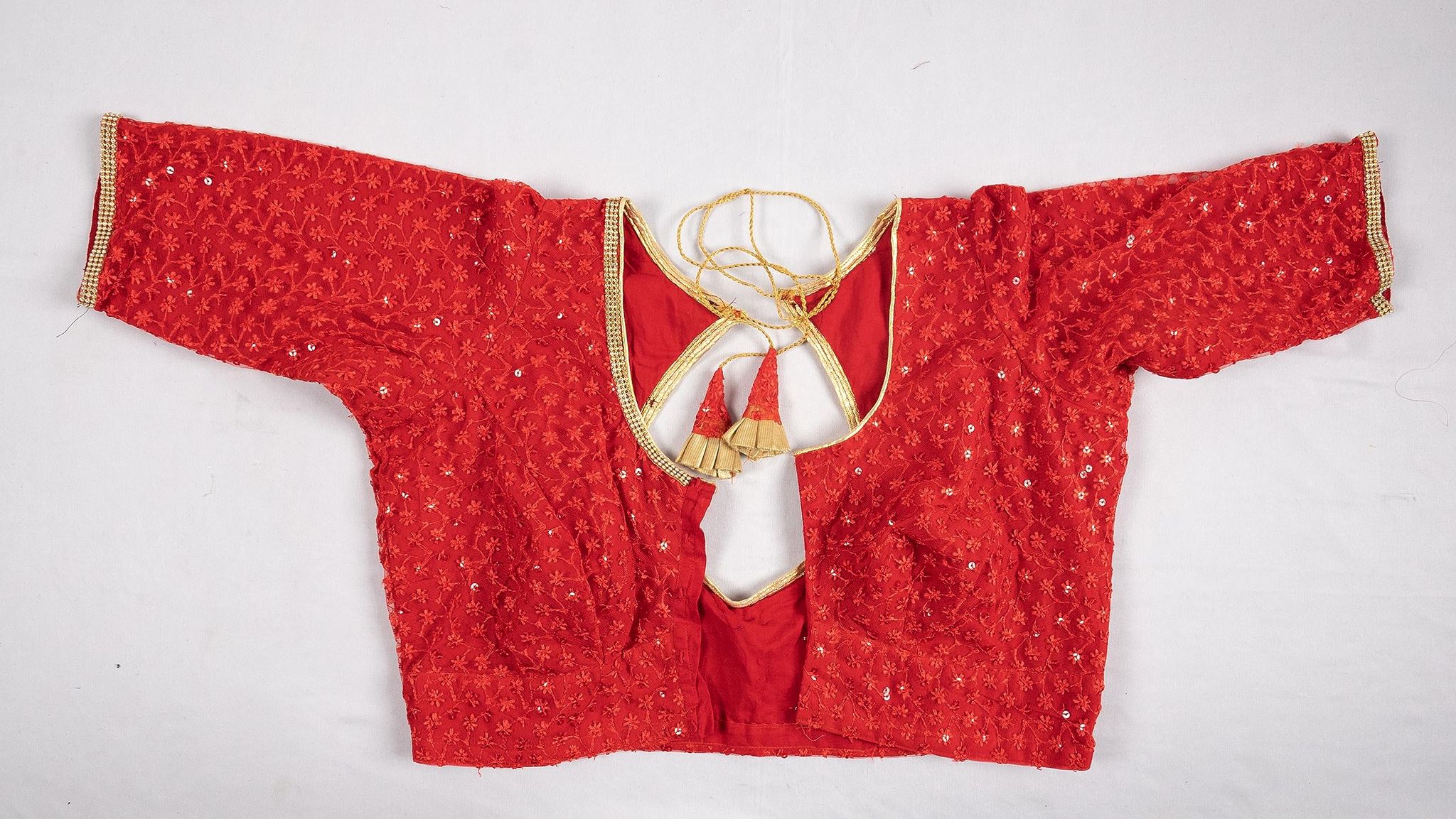 Red Embroidered Net Blouse with Back Hook and Tassels