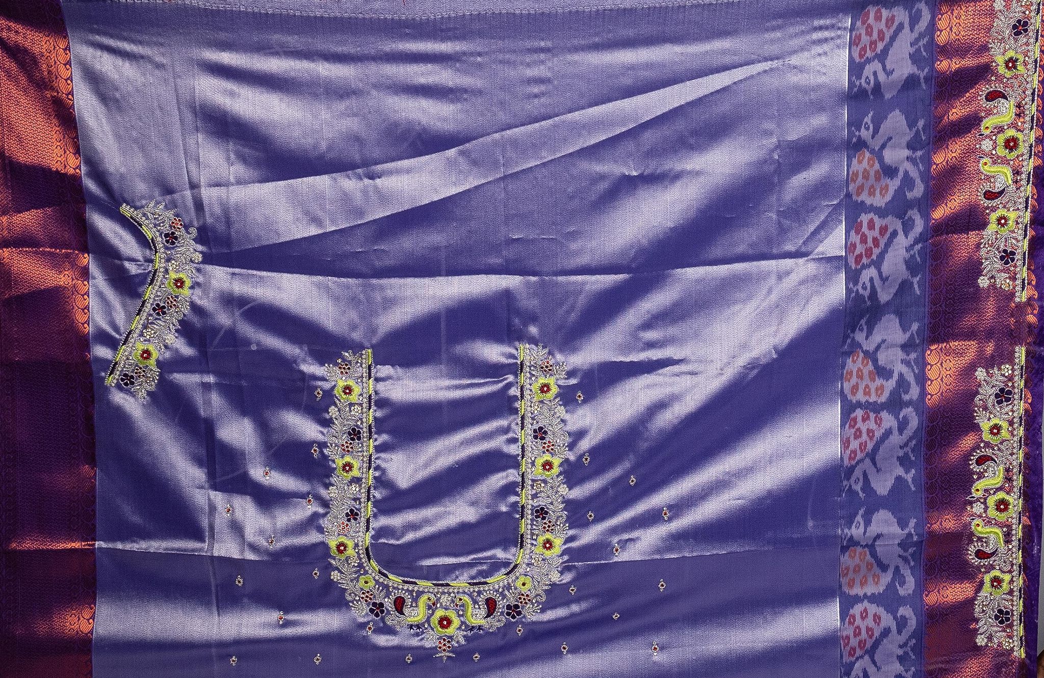 Lilac Silk Saree Blouse With Floral Embroidery