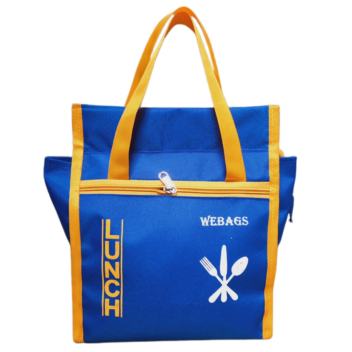 Blue and Yellow Insulated Lunch Tote Bag with Utensil Icon