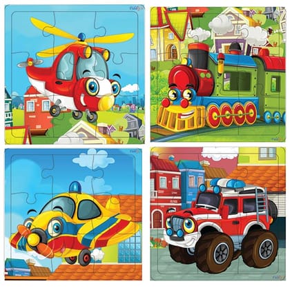 Fiddlys Kid's Wooden Jigsaw Puzzle Games for Children & Kids Paperless Puzzle - 9 Pieces (Pack of 4 Vehicle) Age 3+