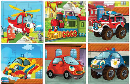 Fiddlys Kid's Wooden Jigsaw Puzzle Games for Children & Kids Paperless Puzzle - 9 Pieces (Pack of 6 Vehicle) Age 3+