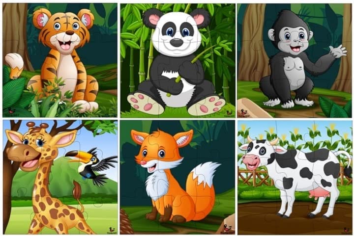 Fiddlys Kid's Wooden Jigsaw Puzzle Games for Children & Kids Paperless Puzzle - 9 Pieces (Pack of 6 Wild & Pet Animal) Age 3+