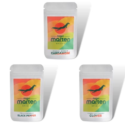 Idukki Green Cardamom, Tellicherry Pepper Bold & Kanniyakumari Cloves, 60g (Pack of 3) Idukki Green Cardamom, Tellicherry Pepper Bold & Kanniyakumari Cloves, 60g (Pack of 3)