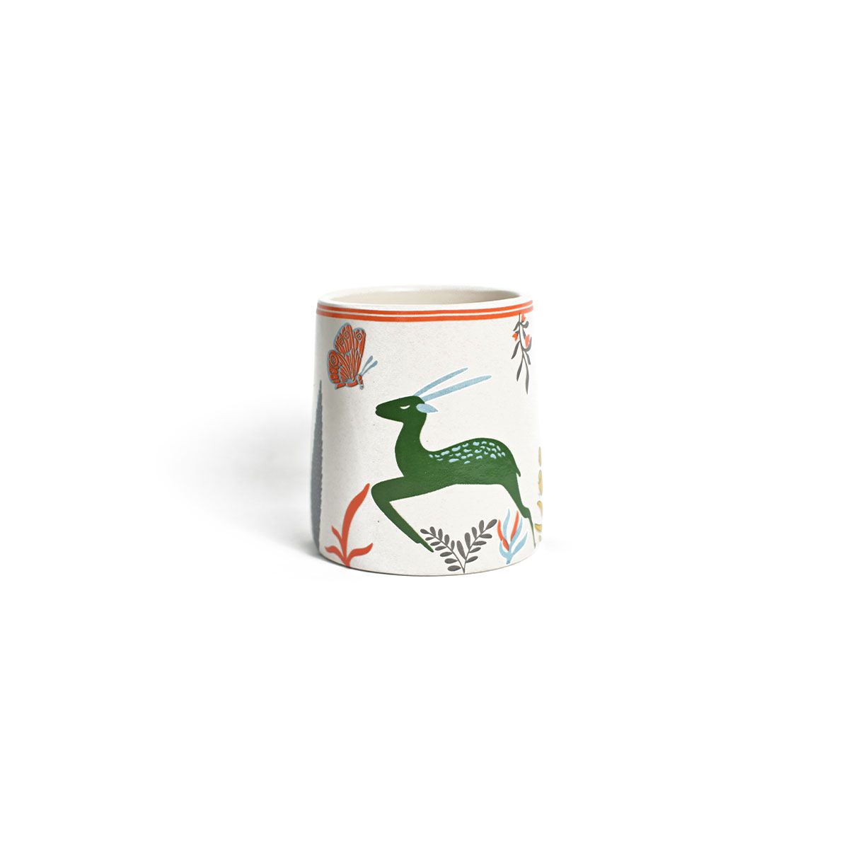 Meraki Mix Tea Coffee Cup Chai Handprinted Ceramic Clay Blue Woodland Deer Mug | Microwave & Dishwasher Safe for Daily Use, Gifted for Any Occasion (Cream and Red) Set of 2