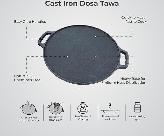 NAKSHATHRA - Cast Iron Dosa Tawa - 10 Inch Pre-Seasoned Flat Griddle Pan for Making South Indian Dosas, Uttapams, Pancakes, Crepes, and More