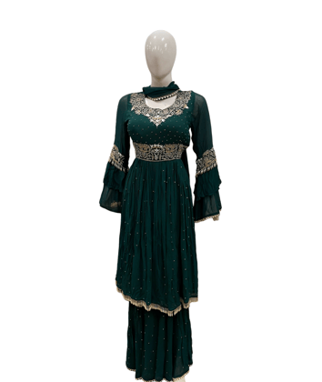 WOMEN'S Georgette Stiched Bottle Green Sequence Work with plazzo and dupatta