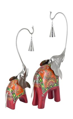 Shree Maa Deval Art And Craft  ; Wooden and Metal Pair of 2 Elephant Handmade Decorative Gift Item showpiece with Bells for Home Décor