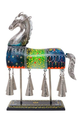 Shree Maa Deval Art And Craft  Antique Metal & Wooden Hanging Bell Horse with Embossed Work- Handicraft Decorative Showpiece Items for Table Decor, Home Decor, Room Decor and Gifts.