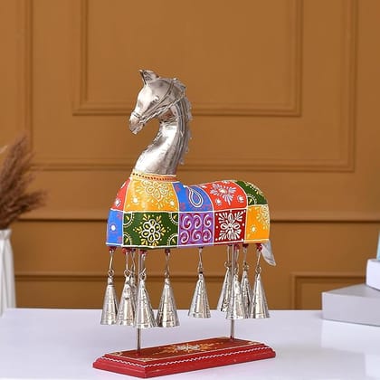 Shree Maa Deval Art And Craft  ;Metal Wooden & Iron Hand Painted Table Decor Horse with Bell Decorative Showpiece for Table Top/Home Office/Gift Item