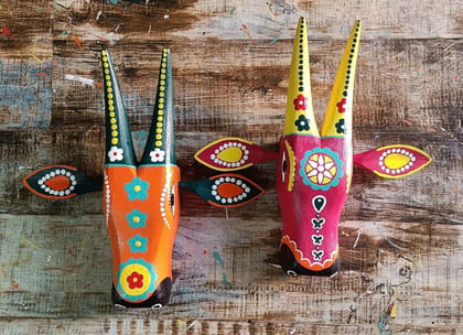 Shree Maa Deval Art And Craft  ; wooden Cow Heads/Nandi wall hanging decor set of 2 (yellow & multi) Brand: MyPebbleDiary