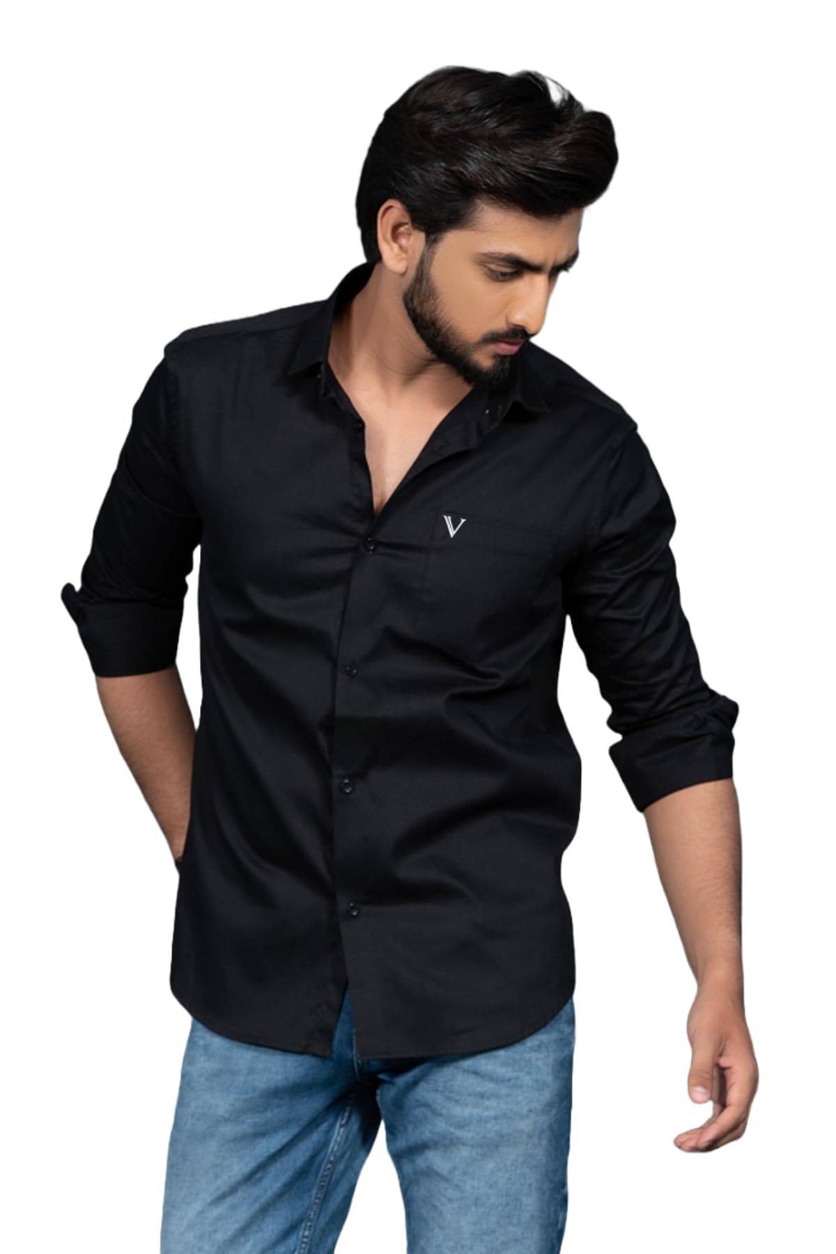 Vooz Premium Black Long Sleeve Slim Fit Casual Shirt with Cut Away Collar