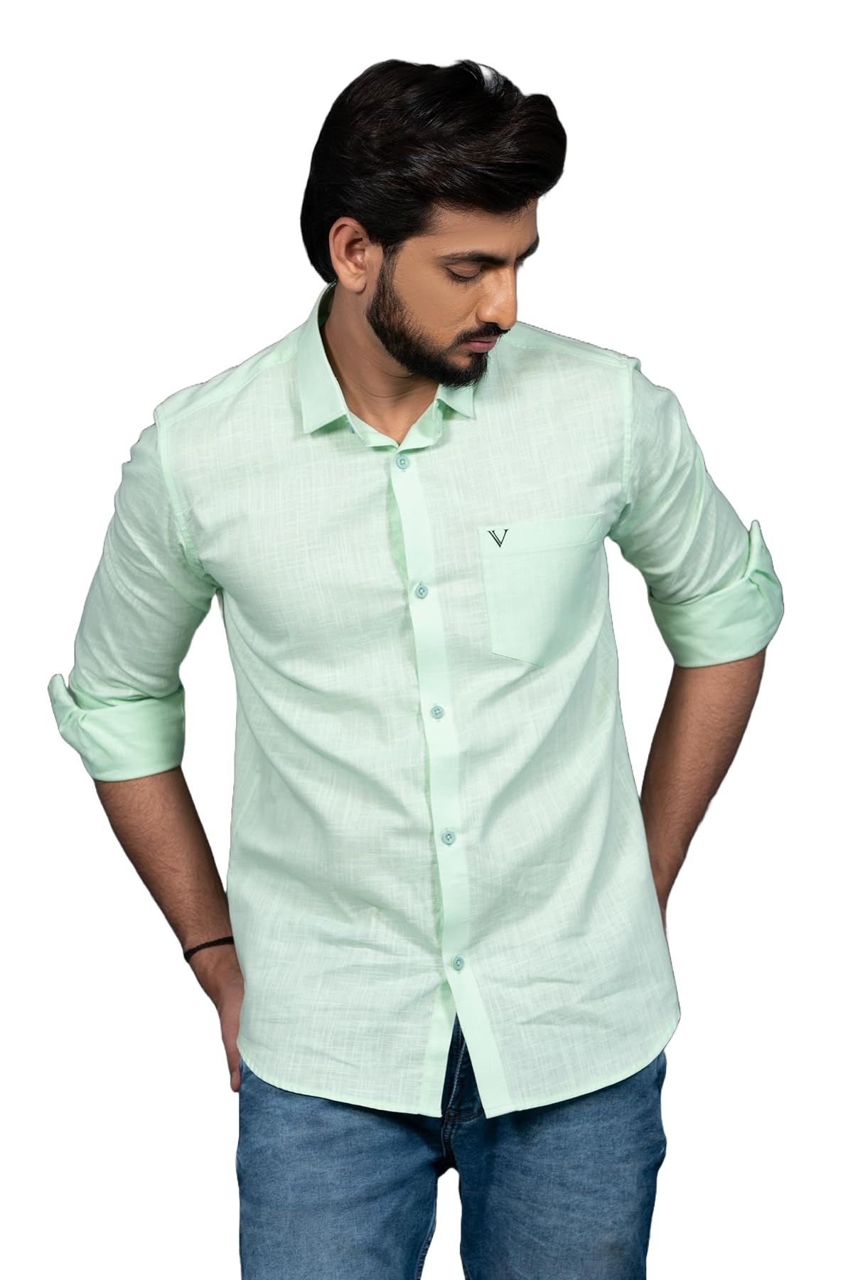 Vooz Slim Fit Long Sleeve Casual Shirt for Men, Cut Away Collar, Pista Green, Made in India