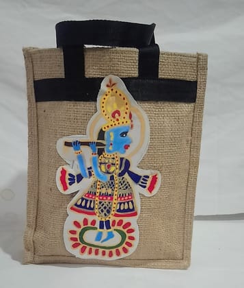 "Natural Jute Tote Bag with Black Handles".