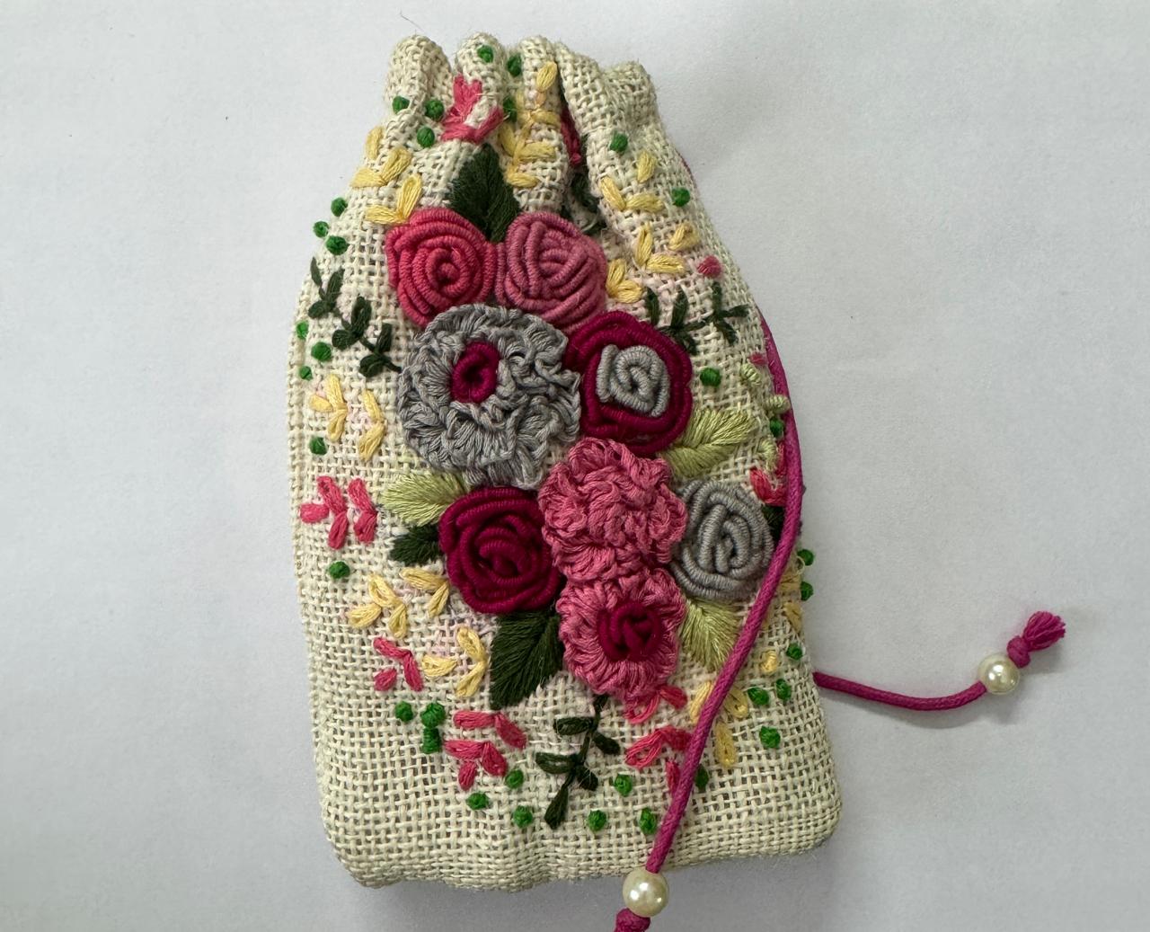Embroidered Floral Drawstring Bag