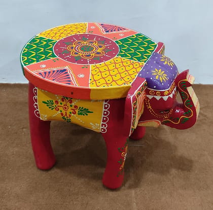 Shree Maa Deval Art And Craft ; 17 inch, Wooden Elephant Stool/Table/Showpiece for Gift & Decor (Multicolour, 12 inch Height), Hand-Crafted