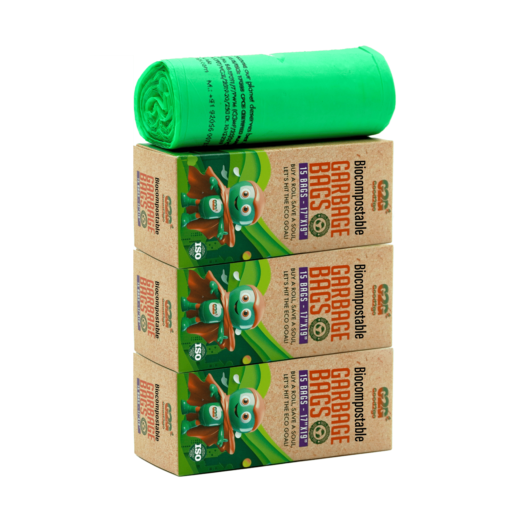 Good2go 3 Rolls of 15 Compostable Garbage Bags (45 Bags Total) - 17" x 19" - Eco-Friendly and Strong Trash Bags