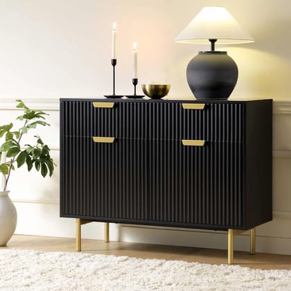 Shri Jangid Udhyog ; Wooden Sideboard Cabinet for Living Room | Kitchen Crockery Cabinets with 2 Drawers & 2 Door | Storage Unit for Bedroom | Solid Wood Sheesham & Iron(Black & Golden)