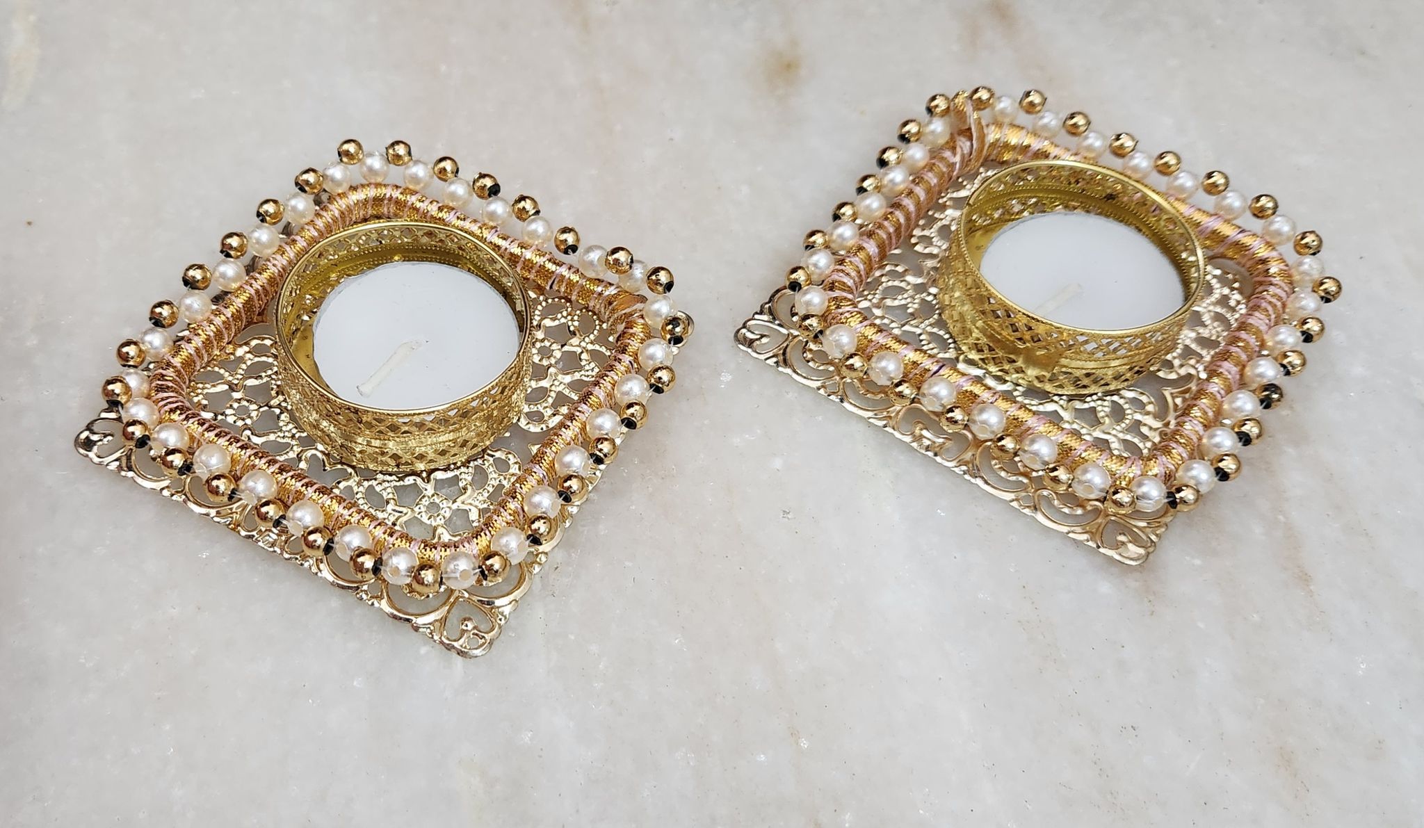  Elegant Beaded Metal Tealight Candle Holder