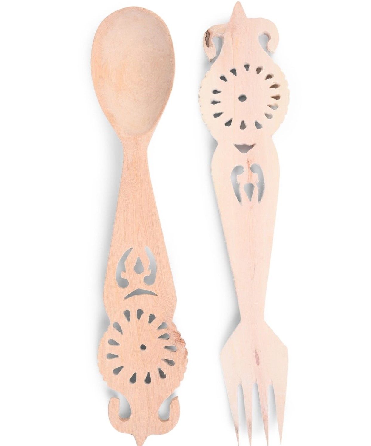 Handcrafted Wooden Spoon and Fork Set with Intricate Carvings
